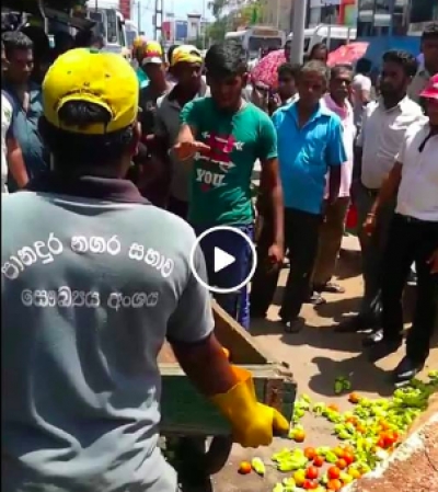 Panadura Municipal Council Uses Stong-Arm Tactics On Youth Selling Vegetables On Street: Upturns Cart