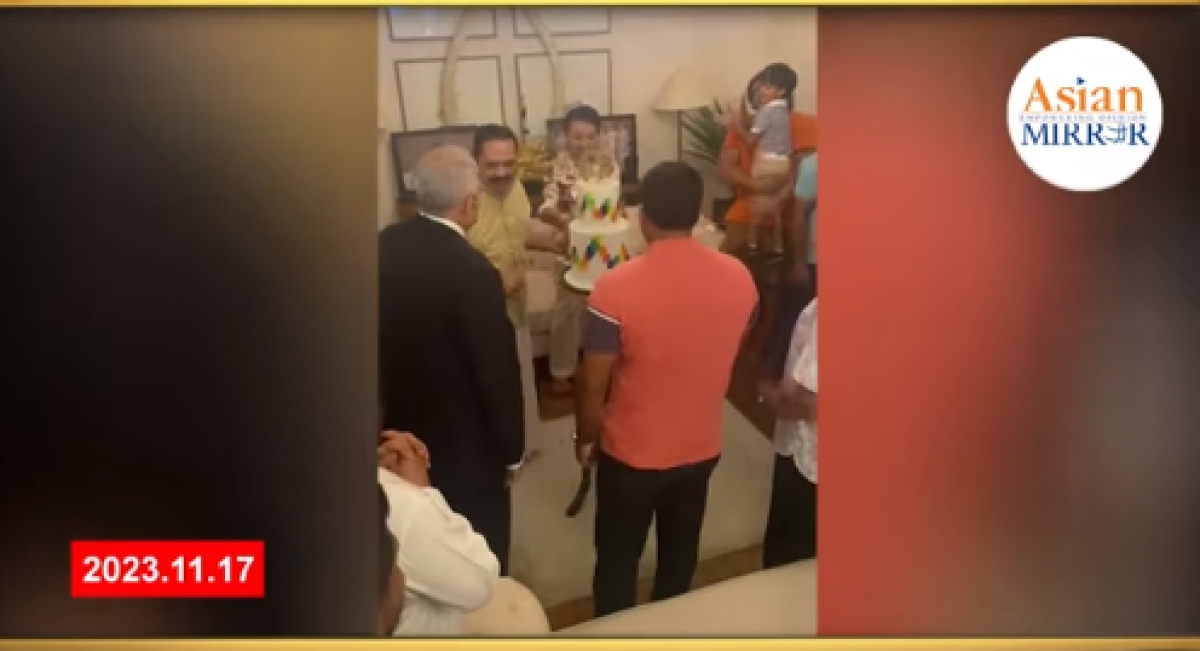 President Seen Cutting Former PM Mahinda Rajapaksa’s Birthday Cake in Low-key Celebration